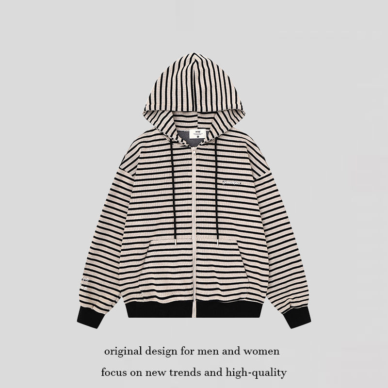 Unisex Leichter gestreifter Kapuzen‑Zipcardigan im Oversize‑Fit aus geripptem Baumwollmix Nord Taschen