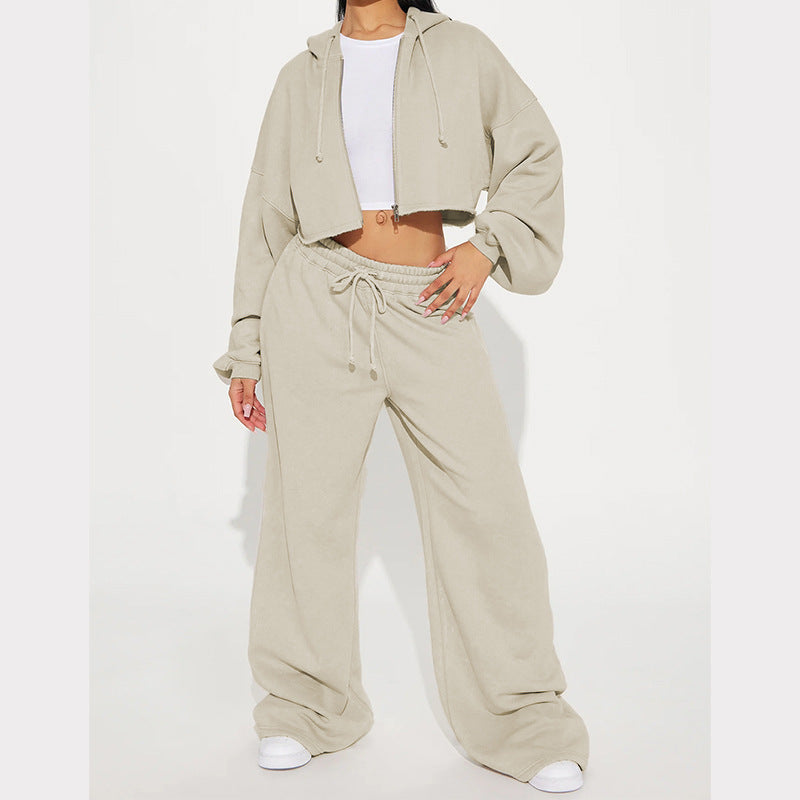 Damen gekürztes Reißverschluss-Kapuzenoberteil und hochtaillierte weite Fleece-Jogginghose Set Nord Taschen