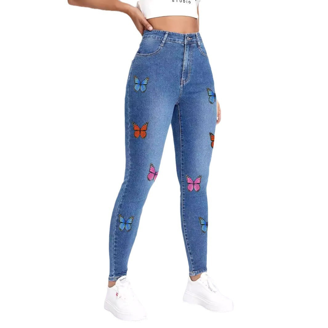 Damen enganliegende High‑Waist Jeansleggings mit buntem Schmetterling-Print Nord Taschen