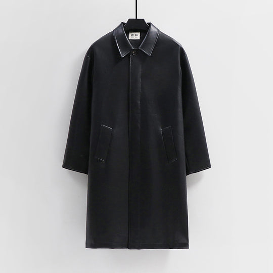 Herren langer minimalistischer Kunstleder-Mantel mit Hemdkragen, verdeckter Knopfleiste und geradem Schnitt Nord Taschen