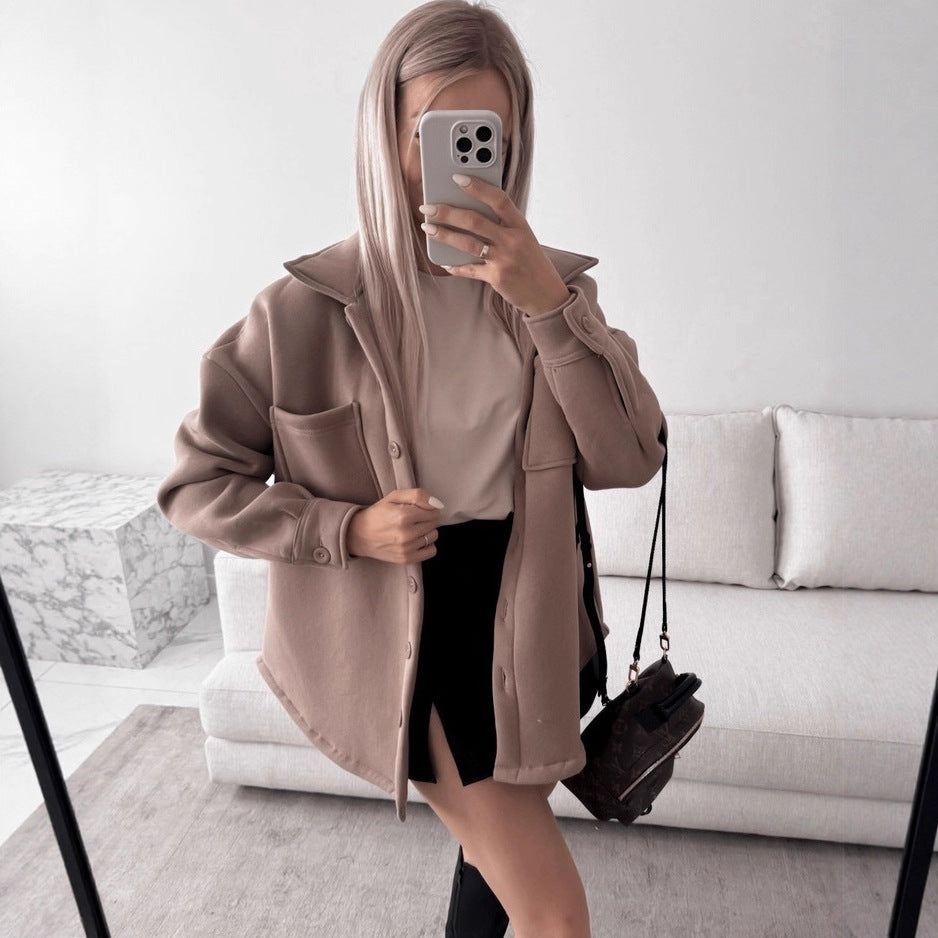 Damen Oversized Hemdjacke Shacket aus weichem Wollmix mit aufgesetzten Brusttaschen Nord Taschen