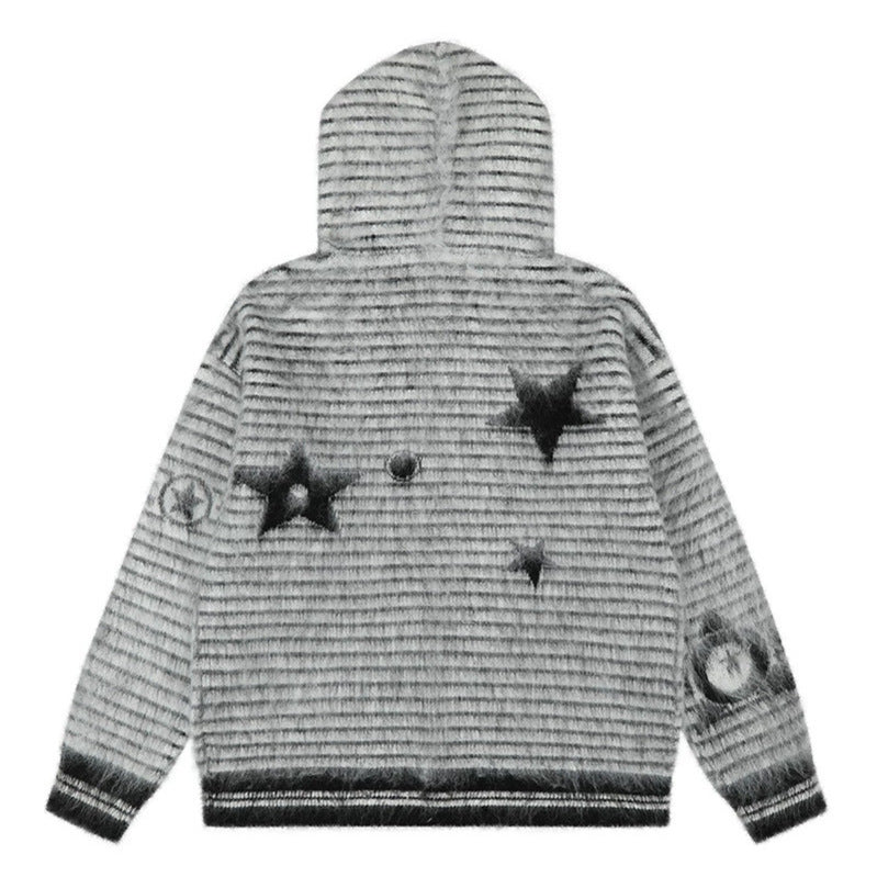 Damen Kapuzen-Strickjacke mit Fellbesatz, gestreifter Mohair‑Optik und Sternapplikationen Nord Taschen
