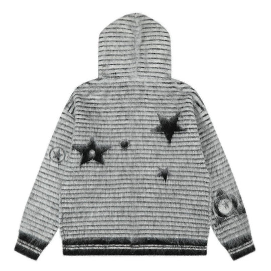 Damen Kapuzen-Strickjacke mit Fellbesatz, gestreifter Mohair‑Optik und Sternapplikationen Nord Taschen