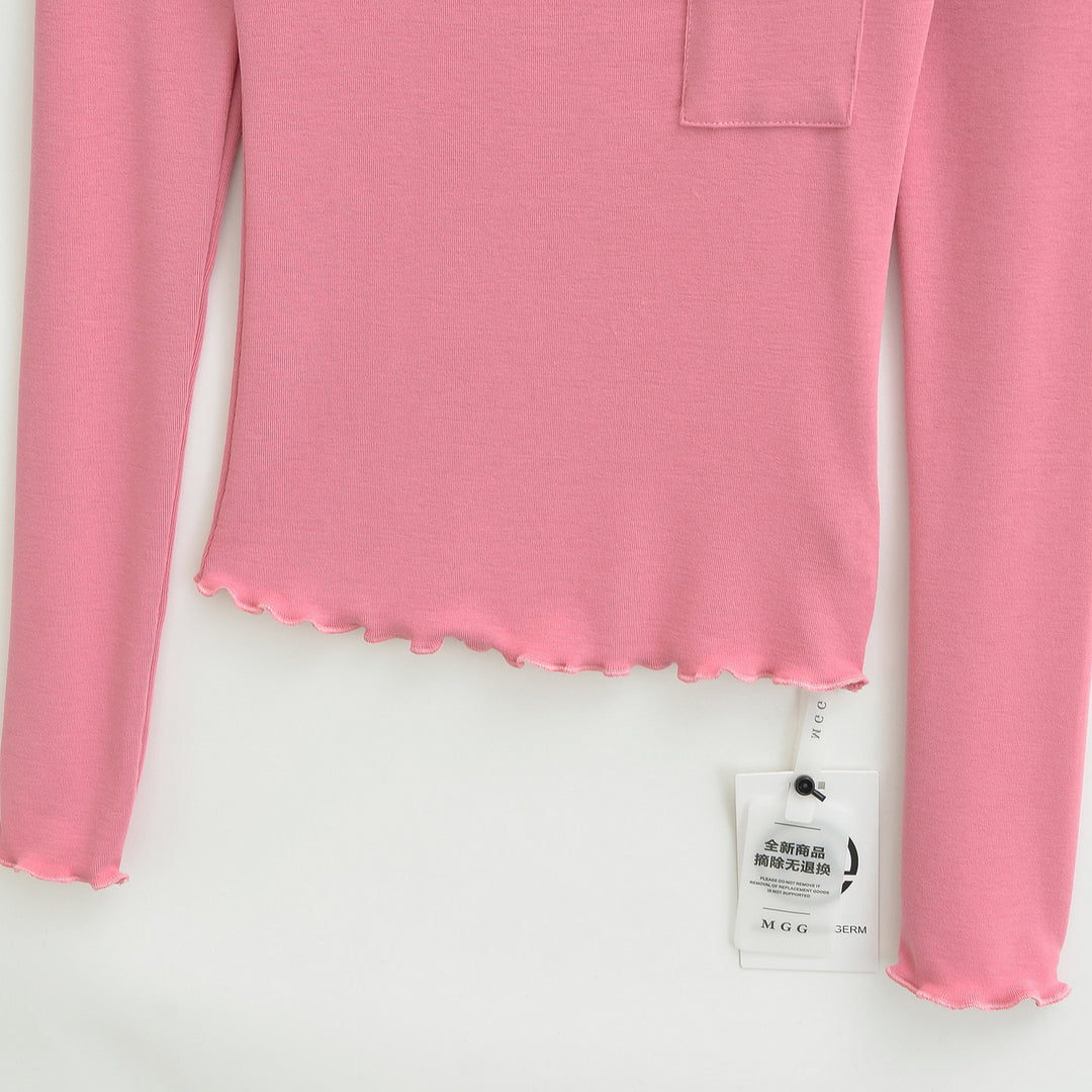 Damen Figurbetontes geripptes Langarmshirt mit weitem Quadrat-Ausschnitt und Brusttasche Nord Taschen
