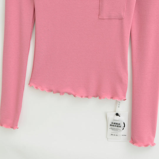 Damen Figurbetontes geripptes Langarmshirt mit weitem Quadrat-Ausschnitt und Brusttasche Nord Taschen