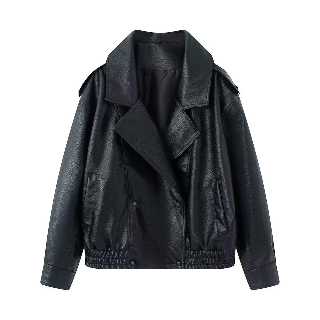 Damen Oversized Kunstlederjacke mit großem Revers, doppelreihiger Druckknopfleiste und elastischem Saum Nord Taschen