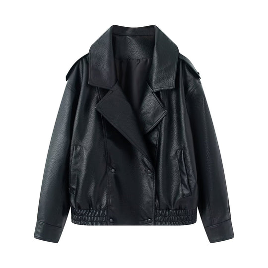 Damen Oversized Kunstlederjacke mit großem Revers, doppelreihiger Druckknopfleiste und elastischem Saum Nord Taschen