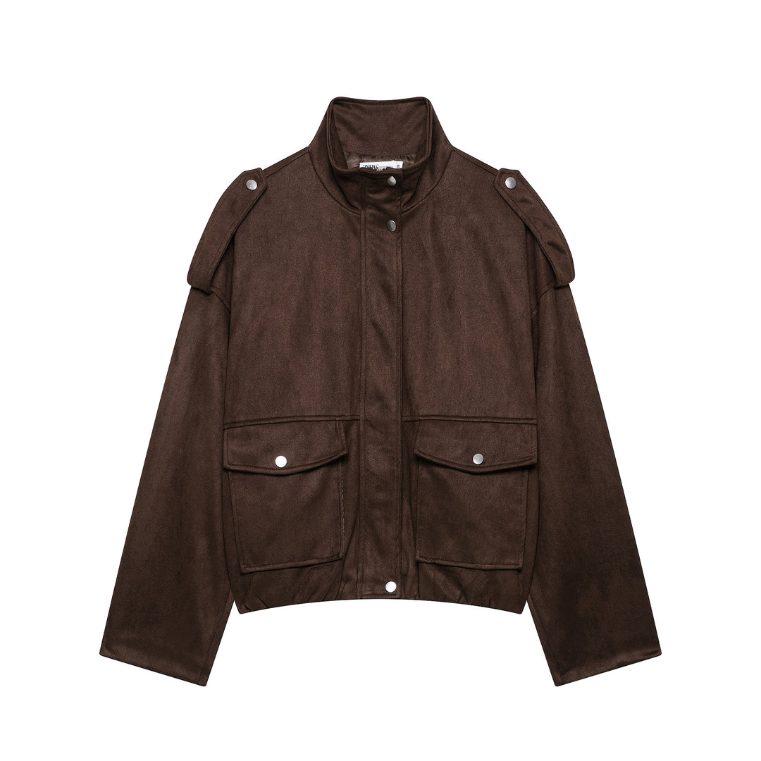 Damen Kurze Wildlederoptik-Fieldjacke mit Stehkragen, Pattentaschen und Schulterklappen Nord Taschen
