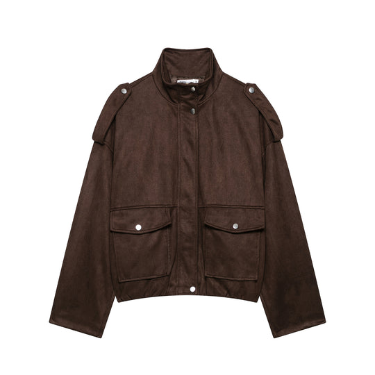 Damen Kurze Wildlederoptik-Fieldjacke mit Stehkragen, Pattentaschen und Schulterklappen Nord Taschen