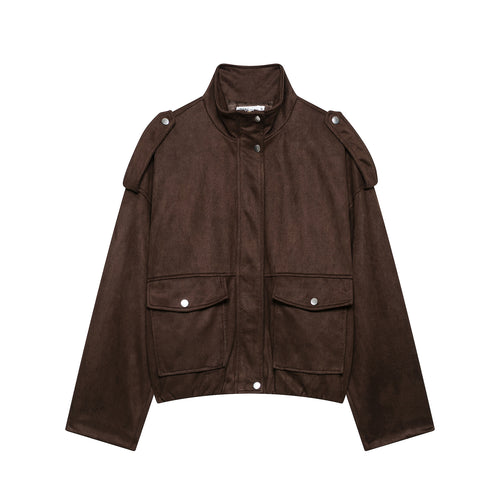 Damen Kurze Wildlederoptik-Fieldjacke mit Stehkragen, Pattentaschen und Schulterklappen Nord Taschen