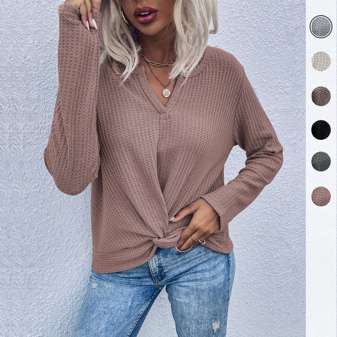 Damen Waffelstrick-Longsleeve mit V‑Ausschnitt und Knotenfront Nord Taschen