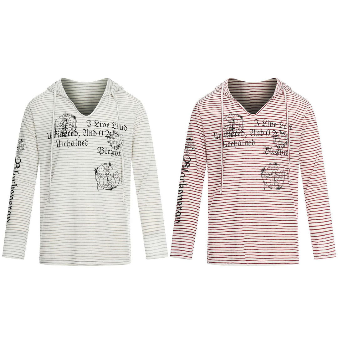 Damen Leichtes Kapuzen-Longsleeve mit V-Ausschnitt, Streifenmuster und Vintage-Print Nord Taschen