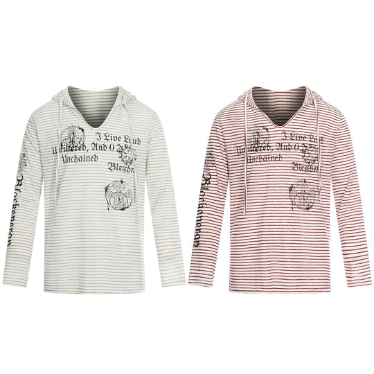 Damen Leichtes Kapuzen-Longsleeve mit V-Ausschnitt, Streifenmuster und Vintage-Print Nord Taschen