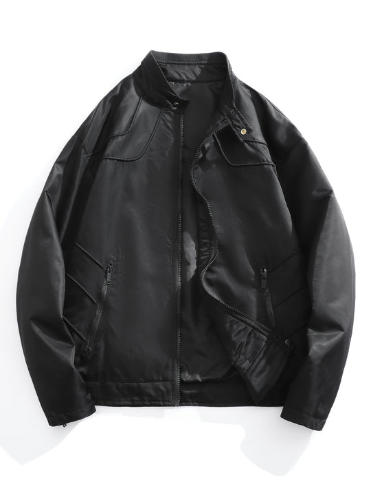 Herren schmale wasserabweisende Kunstlederoptik-Übergangsjacke mit Stehkragen Nord Taschen
