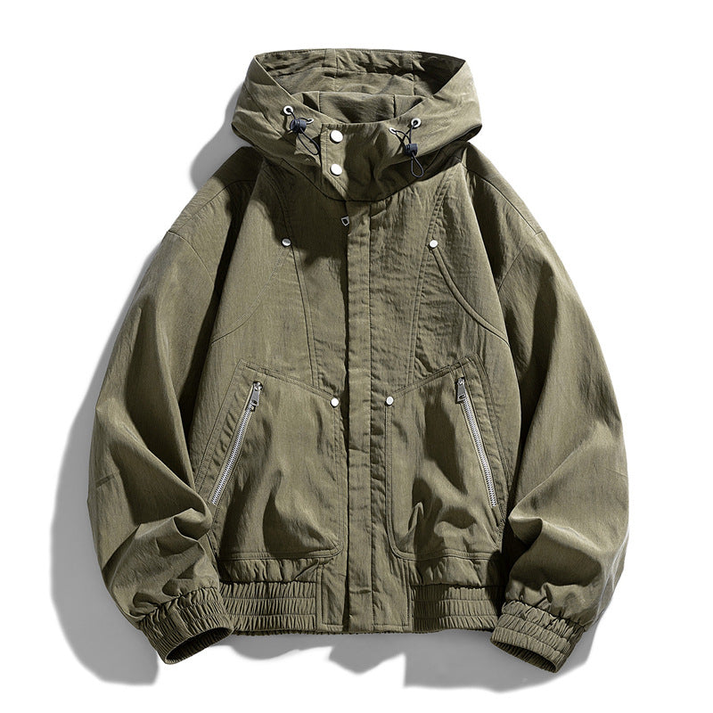 Herren Oversize Canvas-Utility-Kapuzenjacke mit versteckter Druckknopfleiste und Reißverschlusstaschen Nord Taschen