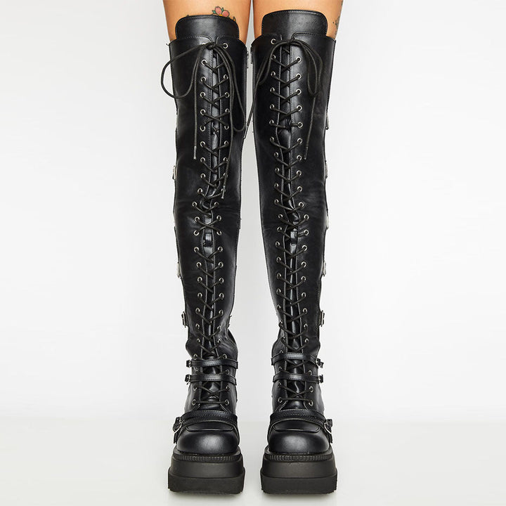 Damen Hochformatige Plateau-Stiefel mit modischem Reißverschluss und Schnür-Design