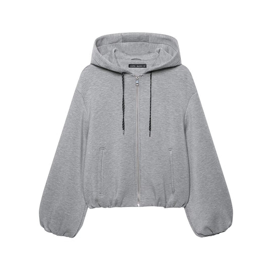 Damen Cropped Kapuzen-Sweatjacke mit Ballonärmeln und Tunnelzug Nord Taschen