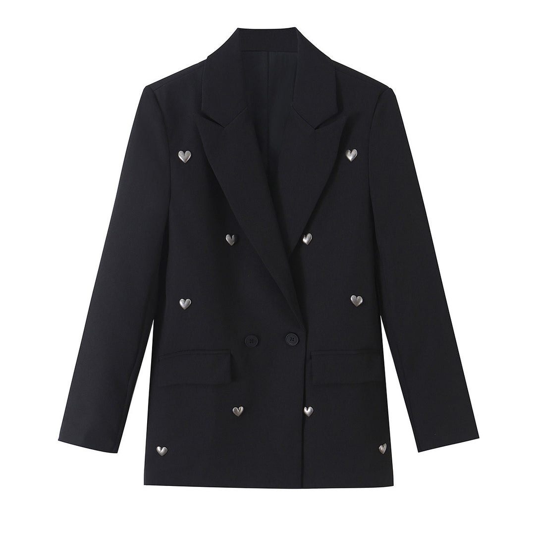 Damen Doppelreihiger Blazer mit herzförmigen Metallknöpfen, Pattentaschen und tailliertem Schnitt Nord Taschen