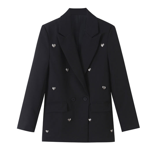 Damen Doppelreihiger Blazer mit herzförmigen Metallknöpfen, Pattentaschen und tailliertem Schnitt Nord Taschen