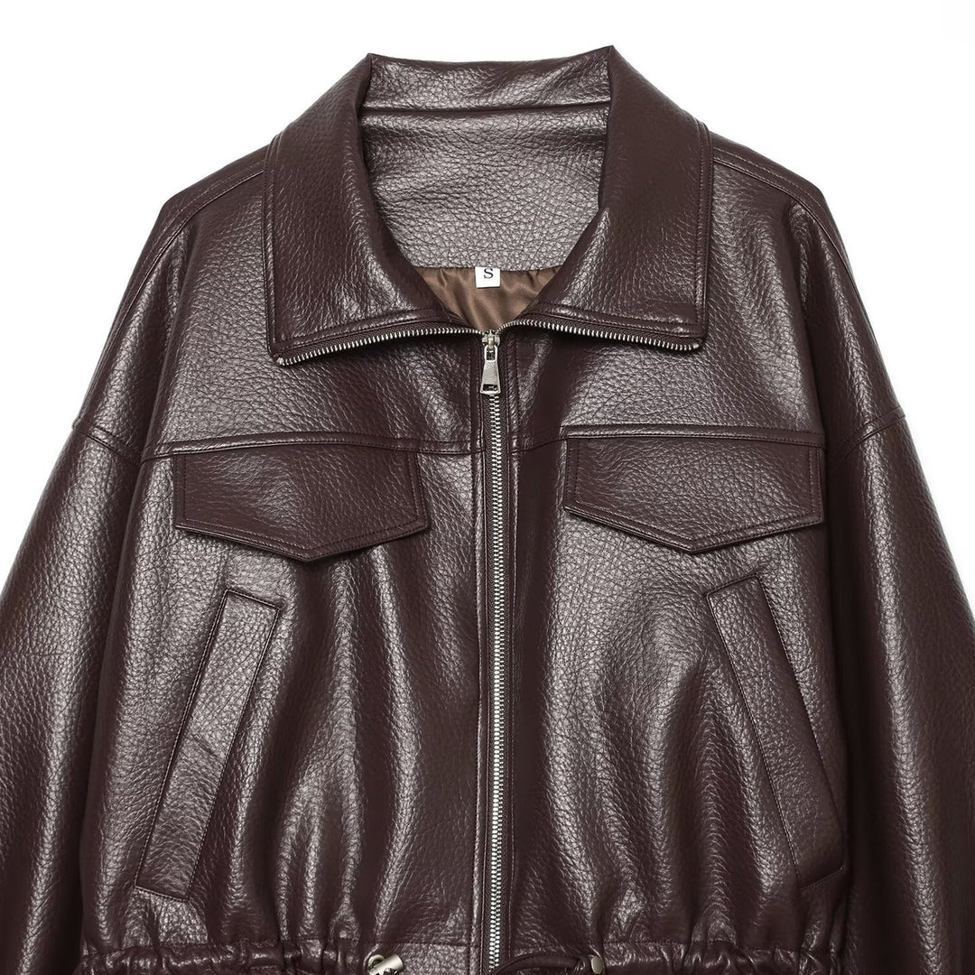 Damen Cropped Kunstlederblouson mit hohem Stehkragen, Pattentaschen und Tunnelzug Nord Taschen