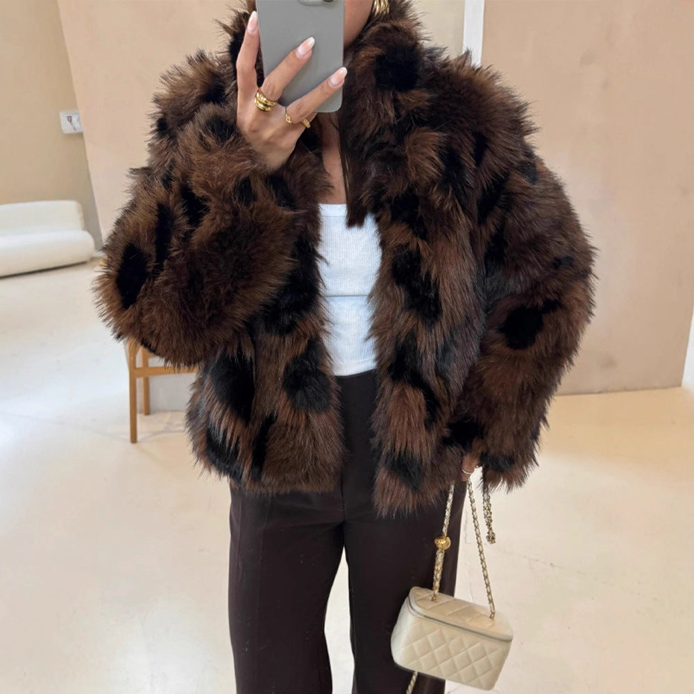 Damen Boxy-Kurzjacke aus Webpelz mit natürlicher Felloptik und breitem Schalkragen Nord Taschen