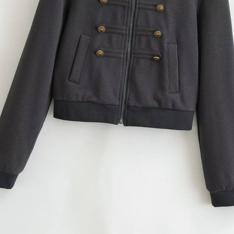 Damen Cropped Kapuzenblouson im Military‑Look mit Zierknopfleiste und geripptem Saum Nord Taschen