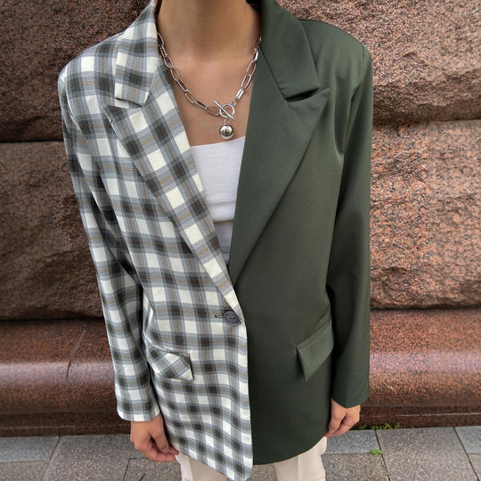 Damen Zweifarbiger Oversize-Blazer mit Karomuster und Reverskragen Nord Taschen
