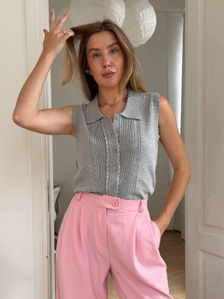 Damen Ärmelloses Stricktop mit Hemdkragen, Zierknopfleiste und feiner Strukturierung Nord Taschen