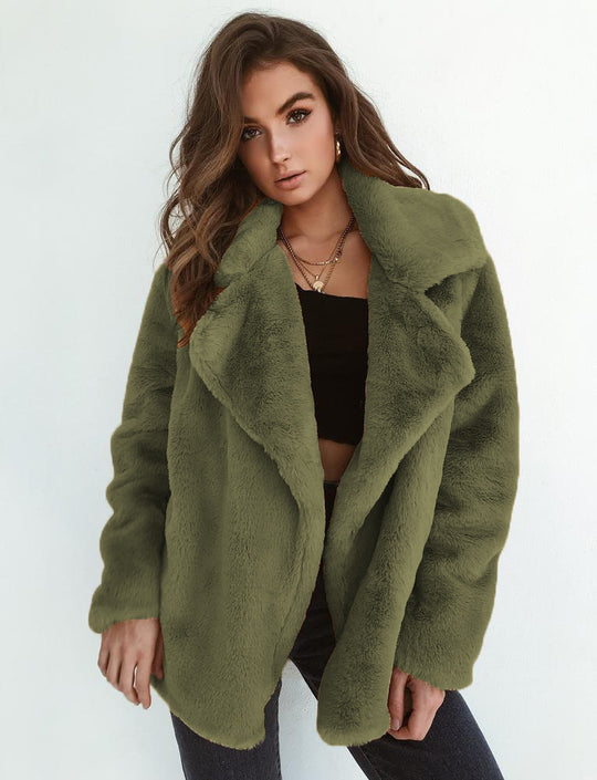 Damen Kuscheliger Oversized Kunstpelz-Mantel mit großem Reverskragen Nord Taschen