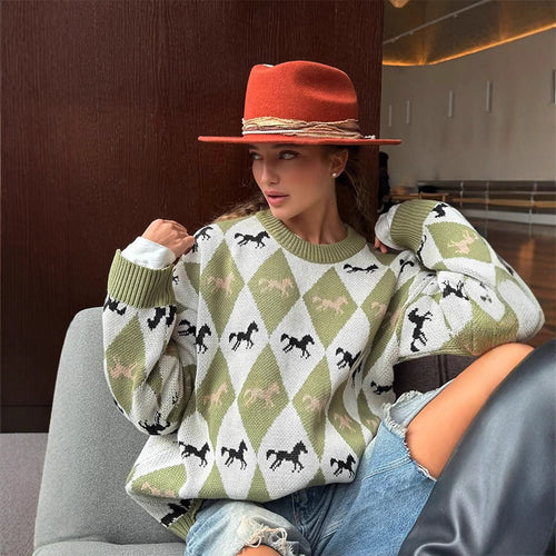 Damen Oversize Strickpullover mit Argyle-Muster und Pferde-Motiv Nord Taschen