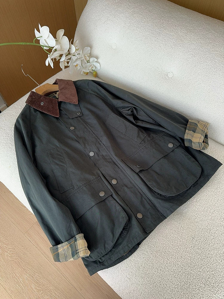 Damen Modische Utility-Jacke mit Karomuster Nord Taschen