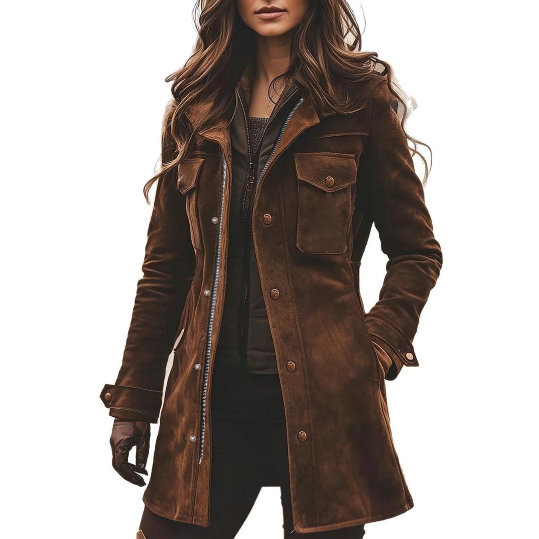 Damen Lange Wildleder-Safari-Jacke mit Pattentaschen und taillierter Silhouette Nord Taschen