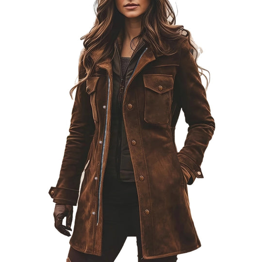 Damen Lange Wildleder-Safari-Jacke mit Pattentaschen und taillierter Silhouette Nord Taschen