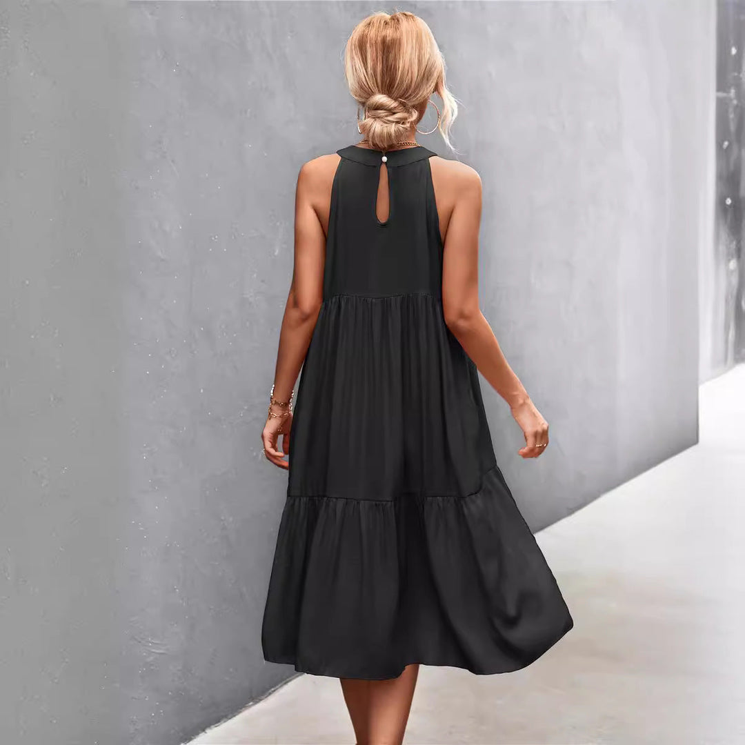 Damen luftiges Sommerkleid mit schwingendem Rock und hohem Hals Nord Taschen