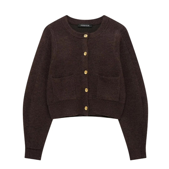 Damen 60+ Cropped Strickcardigan mit Rundhals, aufgesetzten Taschen und Zierknöpfen Nord Taschen