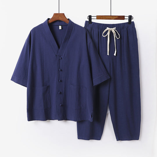 Unisex Leichtes Kimono-Lounge-Set aus Baumwoll-Leinen mit Kurzarmjacke und Kordelbund-Hose Nord Taschen