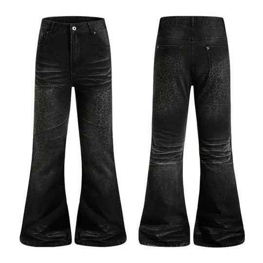 Damen Hochgeschnittene Flared-Jeans mit dezenter Leo-Prägung und Used-Waschung Nord Taschen