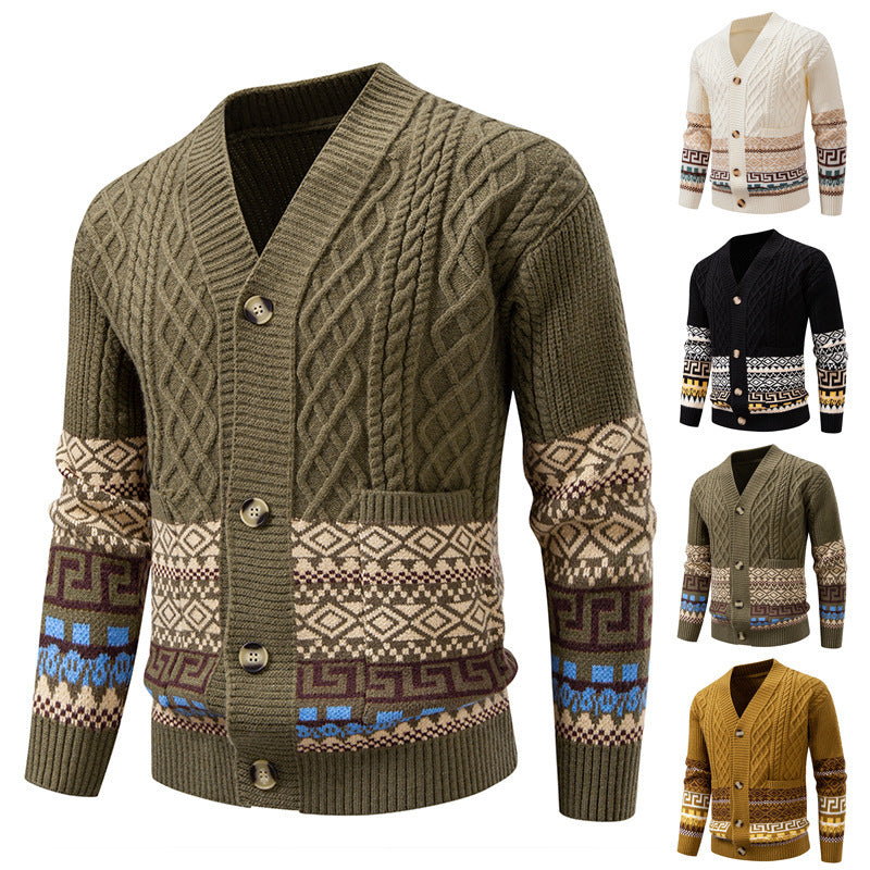 Herren Strickcardigan mit Zopfmuster, Jacquard-Bündchen und Knopfverschluss Nord Taschen