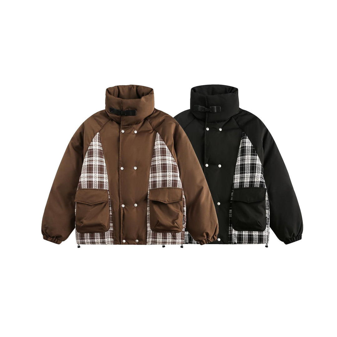 Unisex Oversize Stehkragen‑Pufferjacke mit karierter Einsatz‑Panel und Utility‑Taschen Nord Taschen