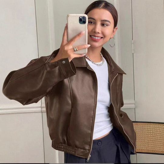 Damen Oversized Lederjacke im Bomberstil mit elastischem Saum Nord Taschen