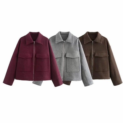 Damen 60+ Boxy Kurzjacke aus Wollmix mit Reißverschluss und aufgesetzten Pattentaschen Nord Taschen