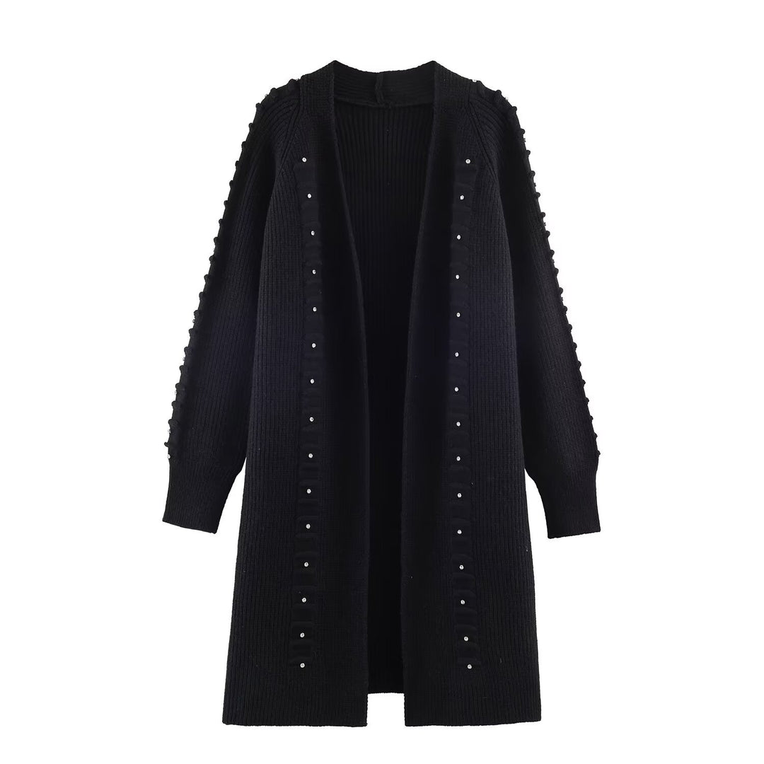 Damen Longline Strickcardigan mit Perlen- und Rüschendetail offene Front Nord Taschen