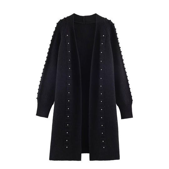 Damen Longline Strickcardigan mit Perlen- und Rüschendetail offene Front Nord Taschen