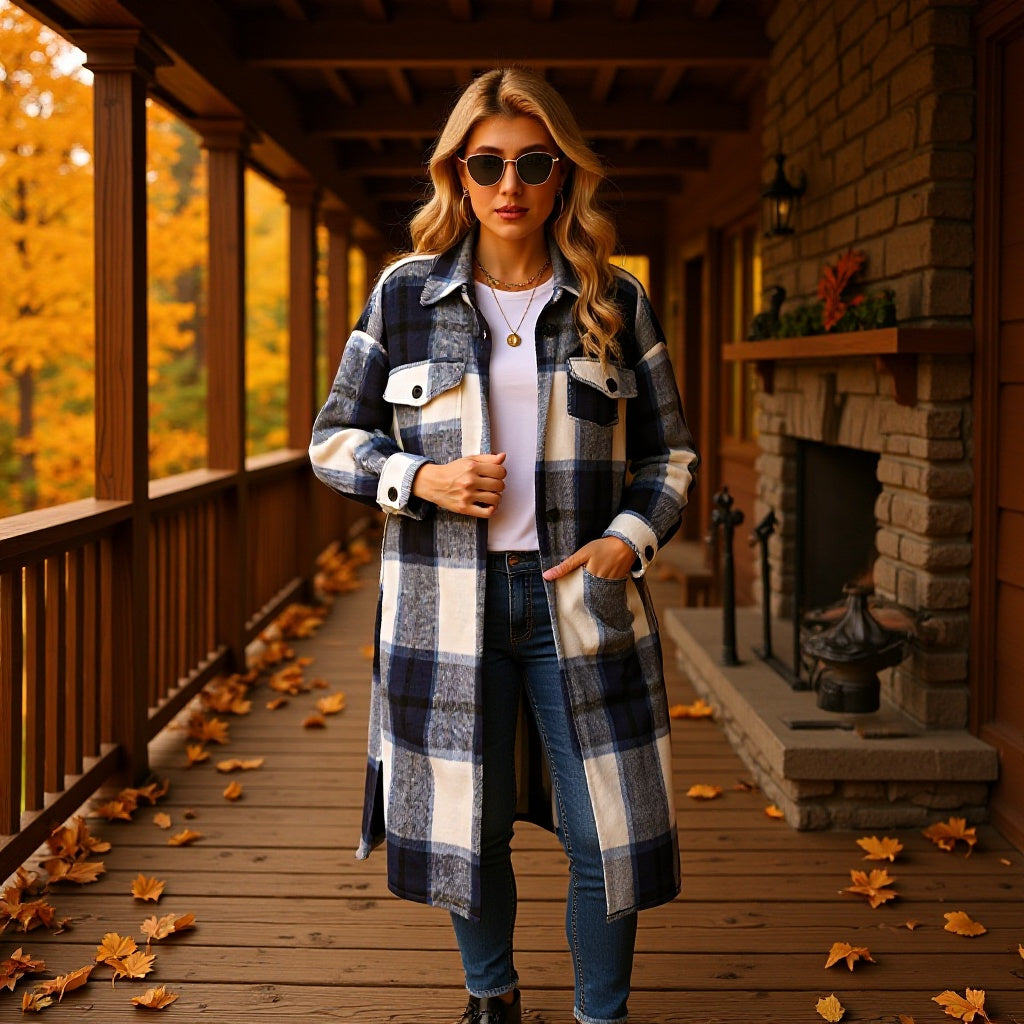 Damen Longline-Karo-Hemdjacke mit aufgesetzten Taschen Nord Taschen