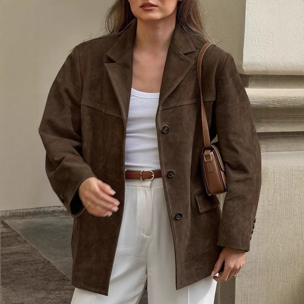 Damen Oversized Veloursleder-Blazer mit Revers und Pattentaschen Nord Taschen