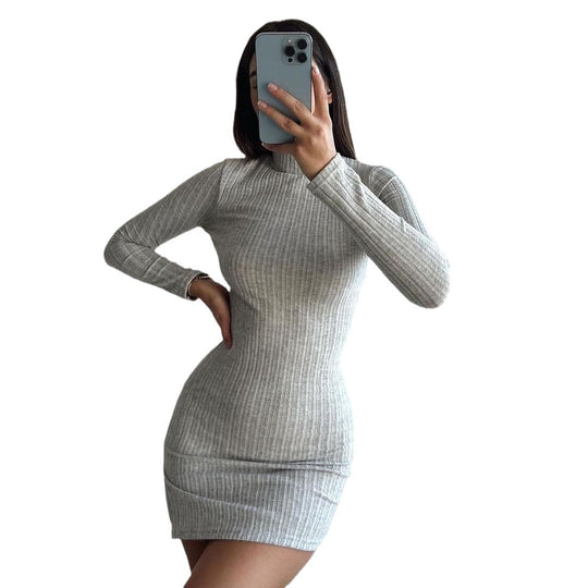 Damen Enganliegendes Rippstrick-Minikleid mit Rollkragen und langen Ärmeln Nord Taschen