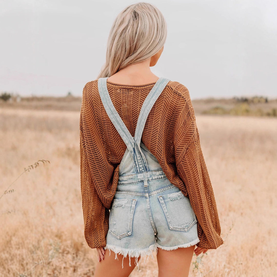 Damen oversized gestrickter Pullover mit weitem Boat-Neck, lockerem Mesh-Strick und Ballonärmeln Nord Taschen
