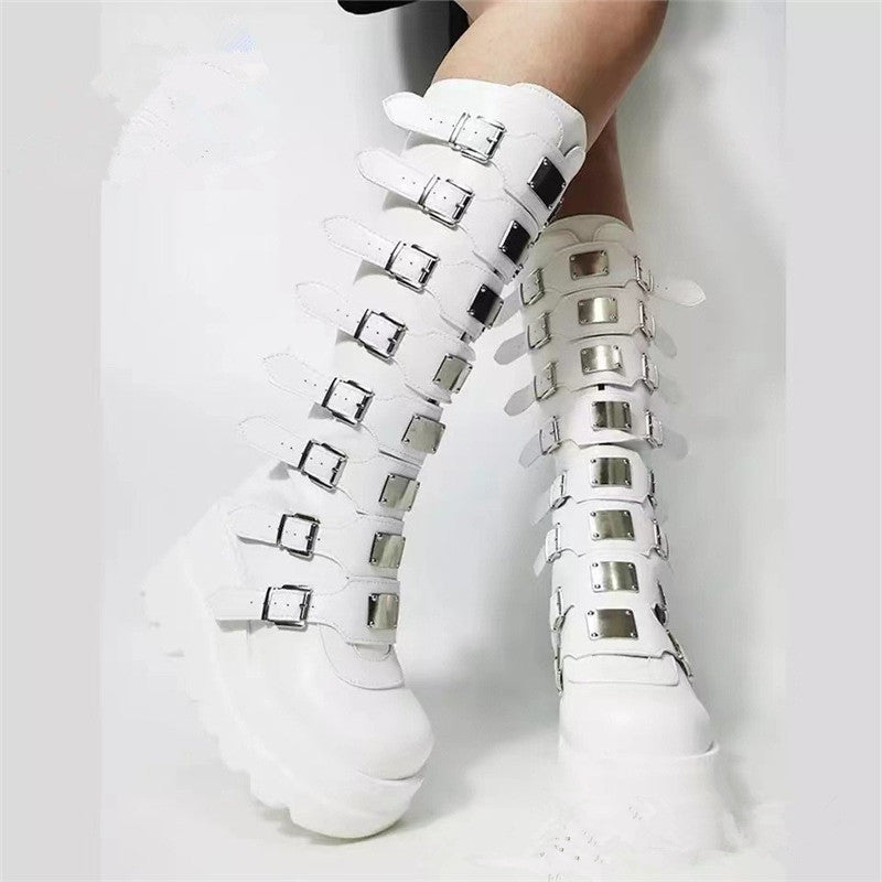 Damen Plattform Stiefel mit modischem Schnallen-Design und stabiler Sohle