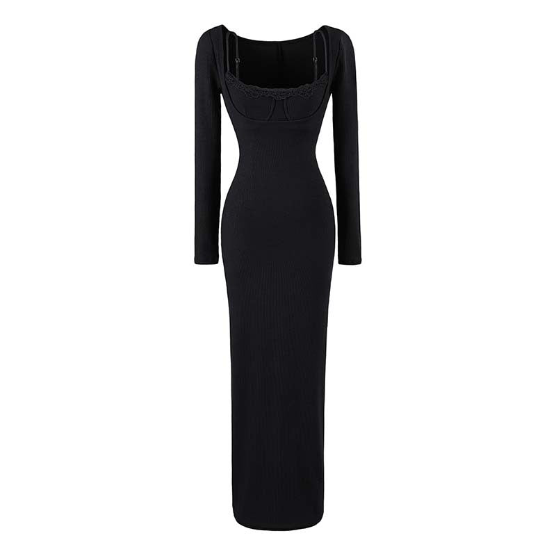 Damen Figurbetontes Maxi-Kleid mit Korsett-Detail, Rippstrick und langen Ärmeln Nord Taschen