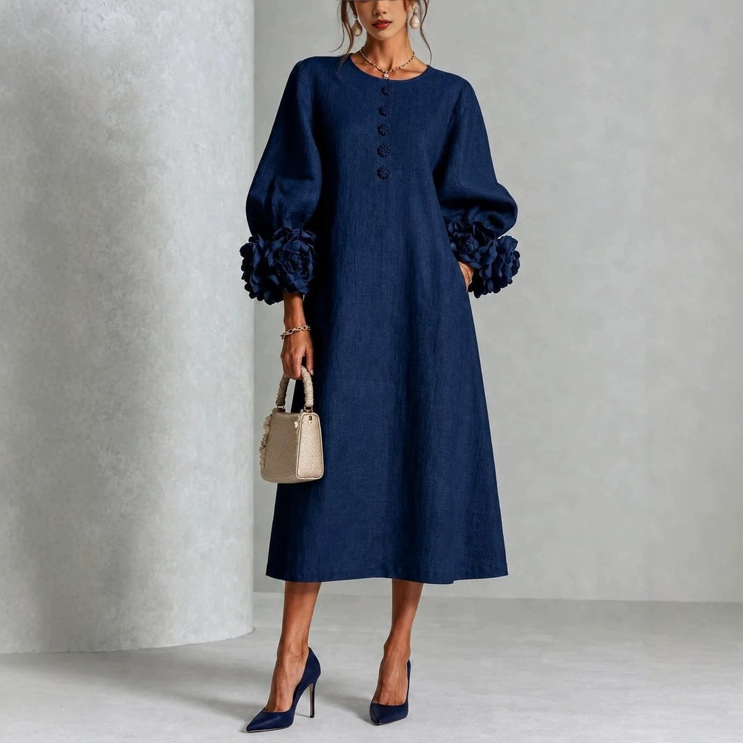Damen Midikleid aus Leinen mit Ballonärmeln und 3D-Blütenmanschetten Nord Taschen